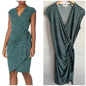 Lark & Ro Green Polka Dot Wrap Dress L Midi Office